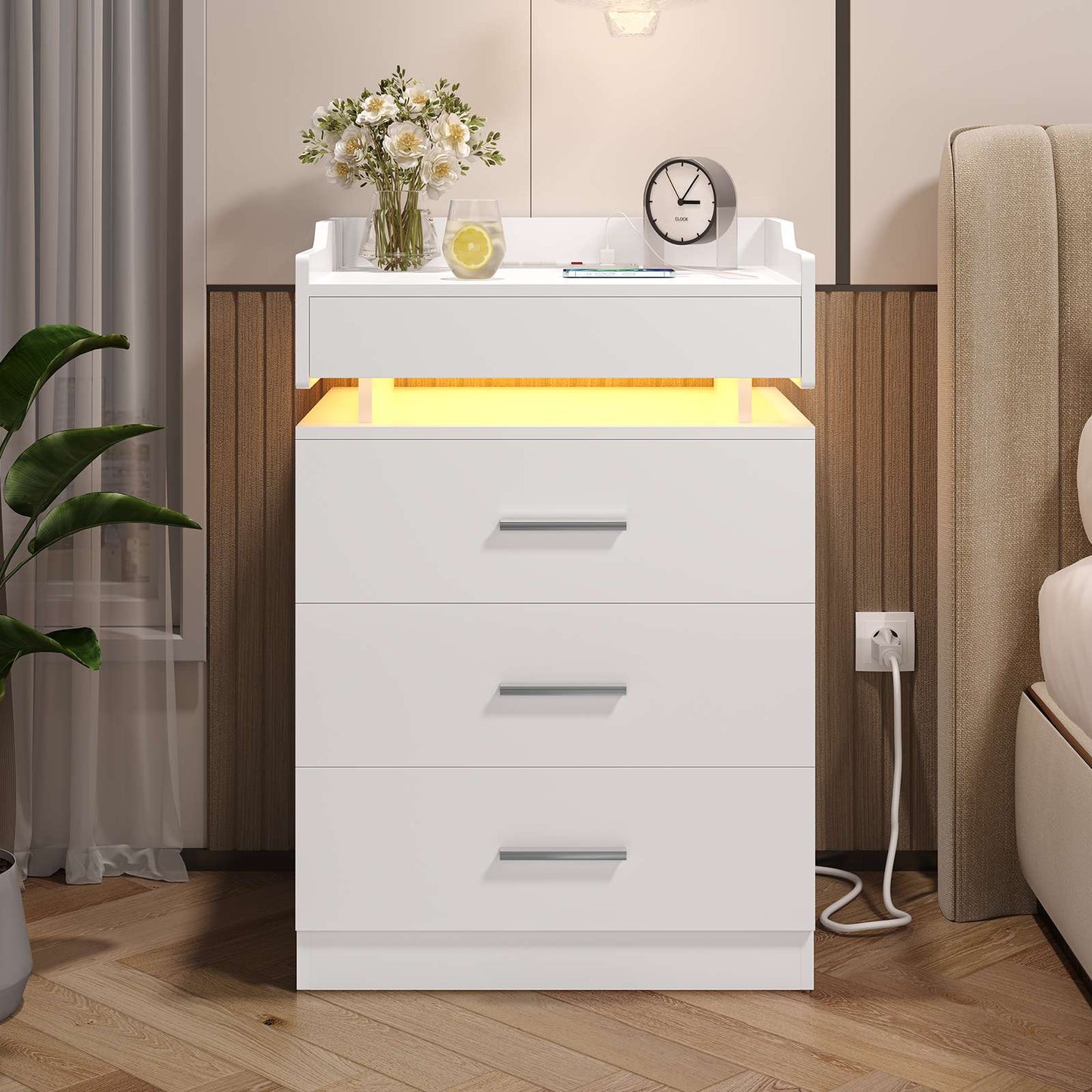 HAUOMS 28.3 Inch Tall Nightstand with LED Light and Pull-Out Shelf Side Table with 3 Drawers USB Ports and Outlets for Bedroom