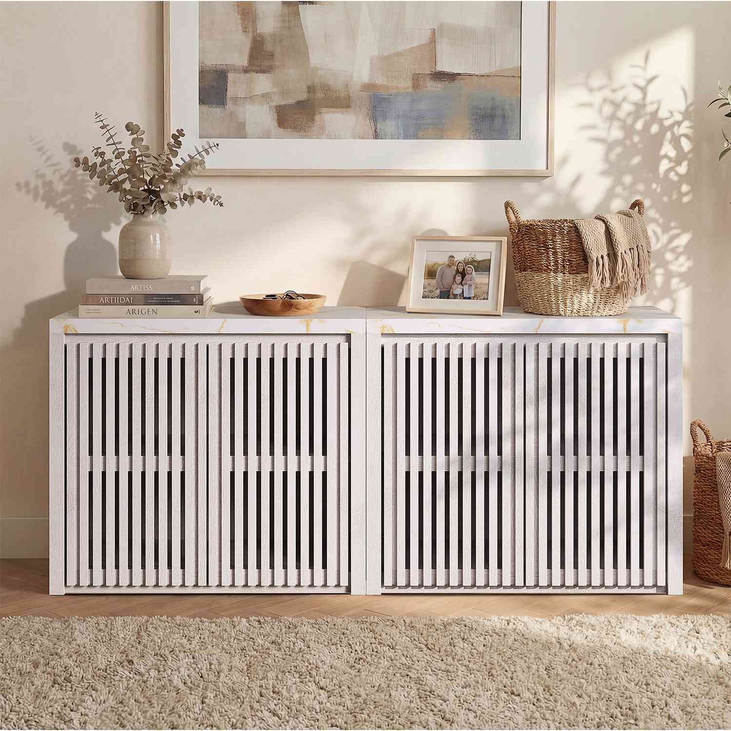 HAUOMS 27.6 Inch Tall Cabinet with Storage Fluted Sideboard with Adjustable Shelf for Kitchen Living Room Entryway