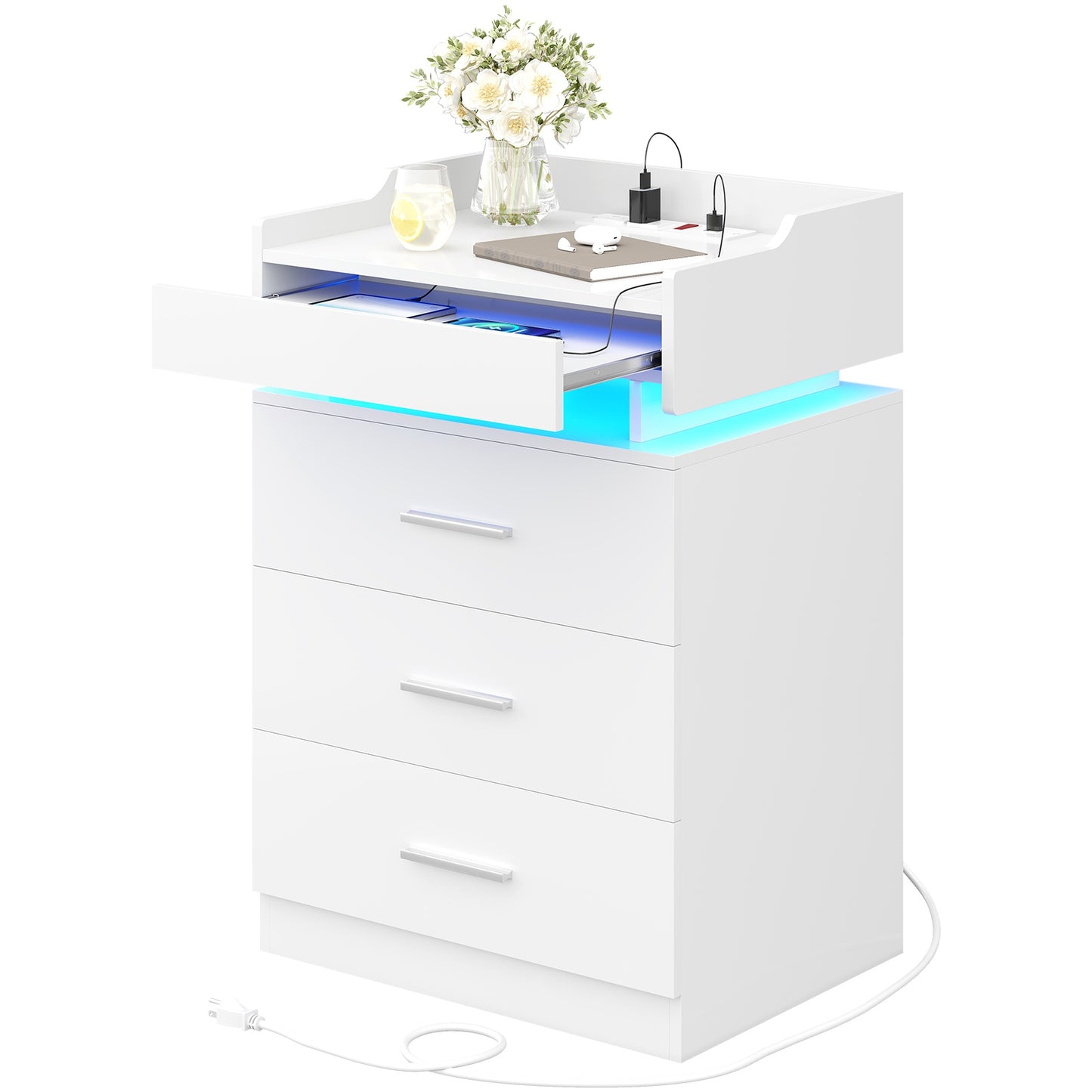 HAUOMS 28.3 Inch Tall Nightstand with LED Light and Pull-Out Shelf Side Table with 3 Drawers USB Ports and Outlets for Bedroom