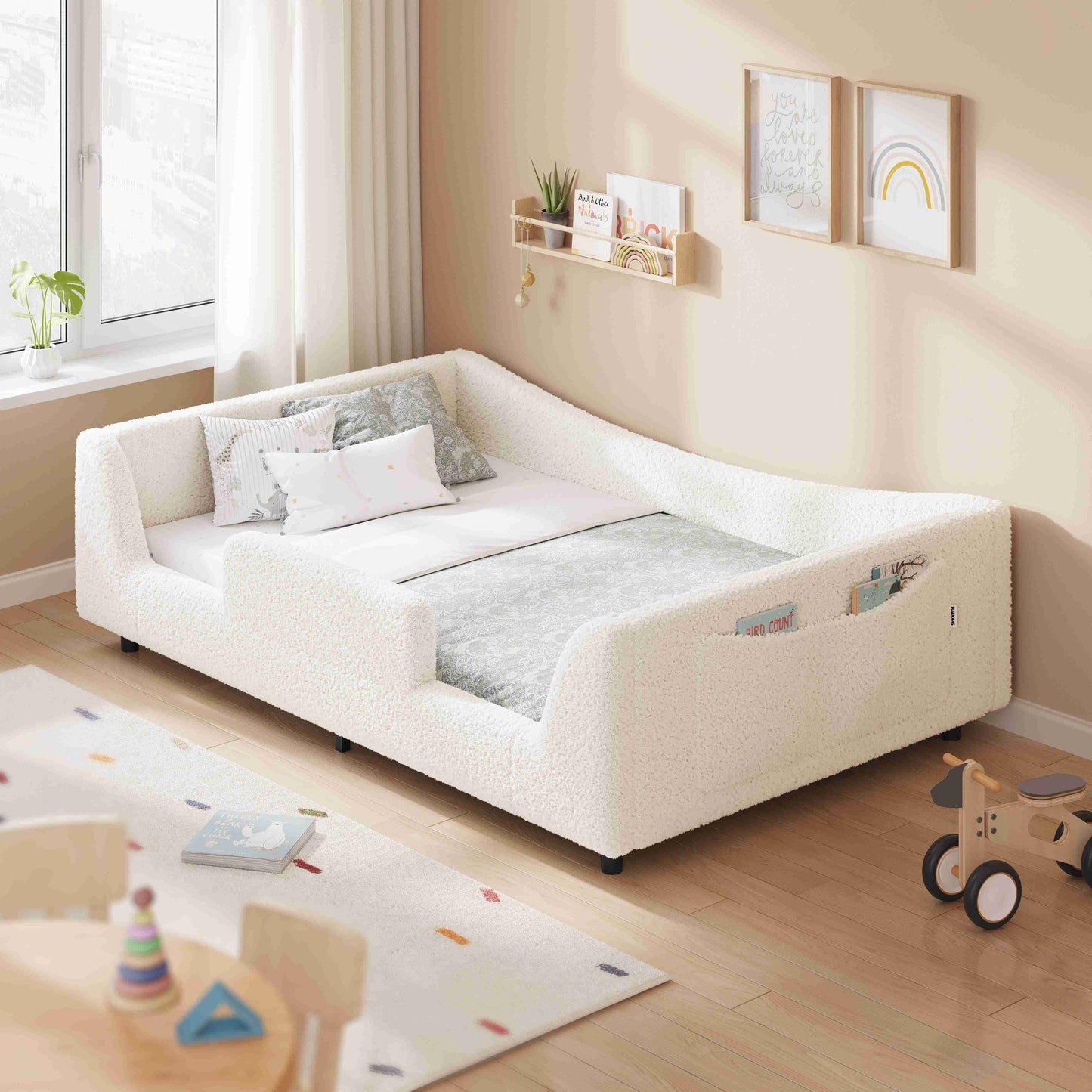 HAUOMS Twin Floor Bed with Slats and High Rails Upholstered  2-in-1 Beds with Teddy Boucle Curve Round Frame for Girls and Boys