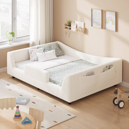 HAUOMS Full Floor Bed with Slats and High Rails 2-in-1 Convertible Beds with Upholstered Teddy Boucle Curve Round Frame for Girls and Boys