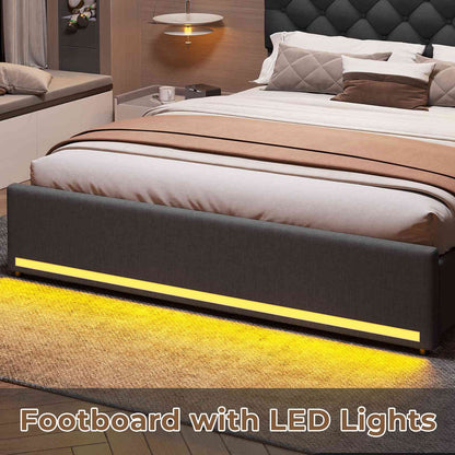 HAUOMS Full Size Bed Frame with 4 Drawers and Hidden Storage Headboard Upholstered Platform Bed with LED Lights and Charging Station