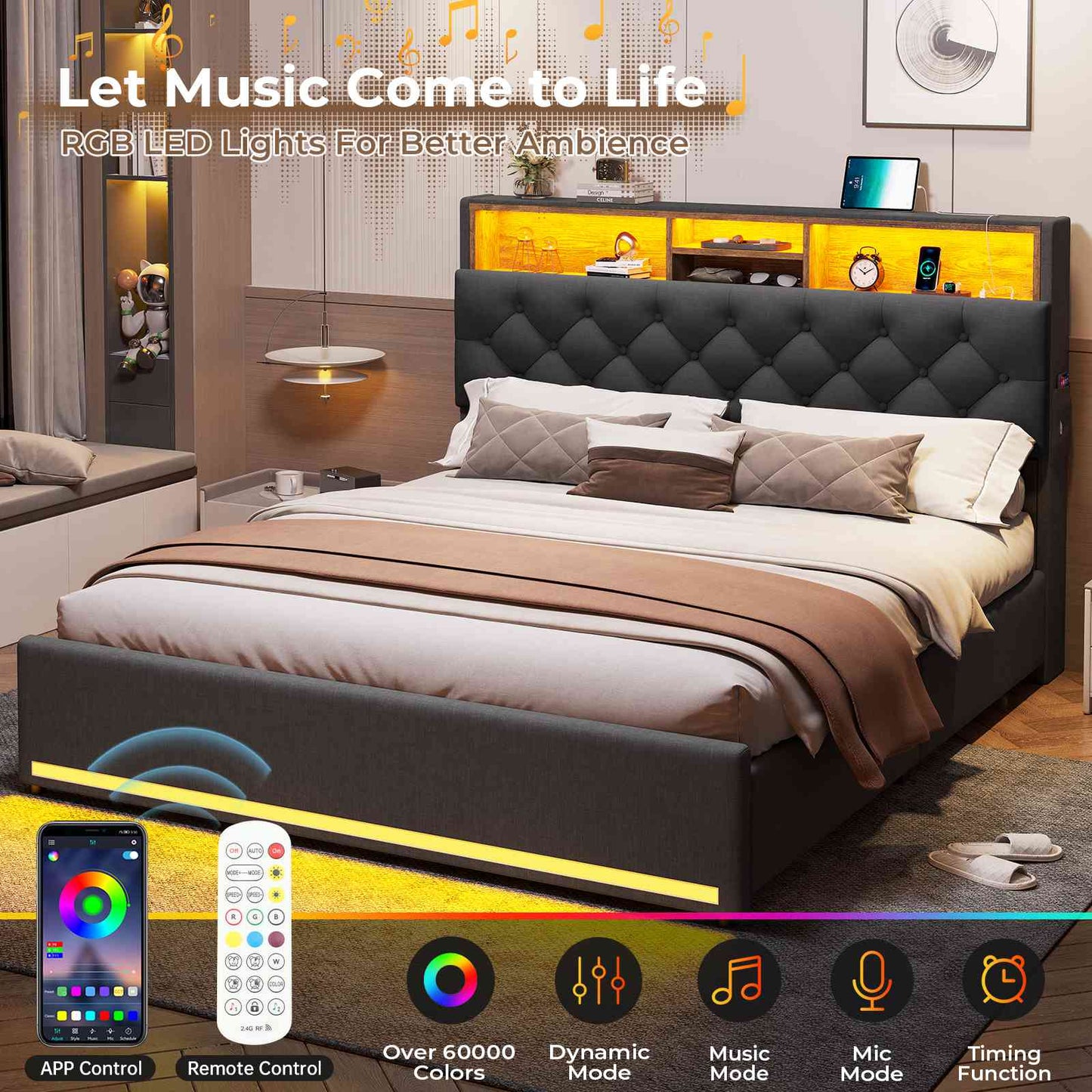 HAUOMS Full Size Bed Frame with 4 Drawers and Hidden Storage Headboard Upholstered Platform Bed with LED Lights and Charging Station