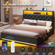 HAUOMS Queen Size Bed Frame with 4 Drawers and Hidden Storage Headboard Upholstered Platform Bed Frme with LED Lights and Charging Station