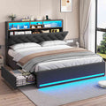 HAUOMS Full Size Bed Frame with 4 Drawers and Hidden Storage Headboard Upholstered Platform Bed with LED Lights and Charging Station