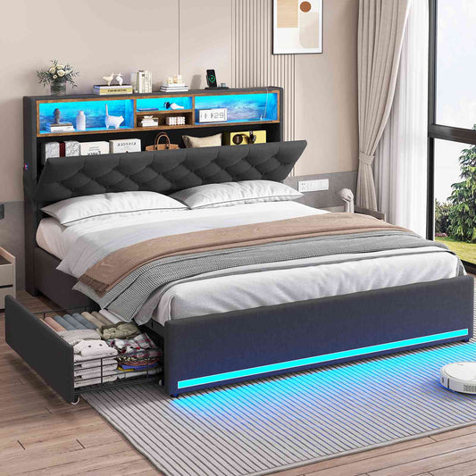 HAUOMS Full Size Bed Frame with 4 Drawers and Hidden Storage Headboard Upholstered Platform Bed with LED Lights and Charging Station