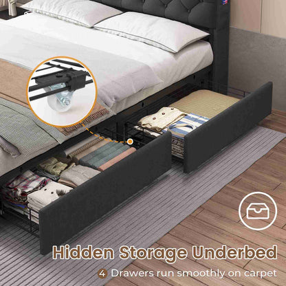 HAUOMS Full Size Bed Frame with 4 Drawers and Hidden Storage Headboard Upholstered Platform Bed with LED Lights and Charging Station