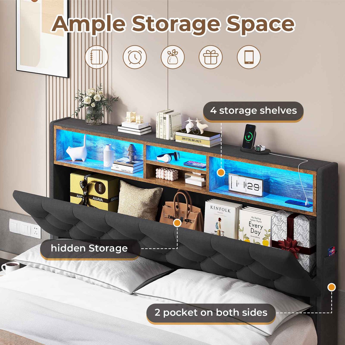HAUOMS Queen Size Bed Frame with 4 Drawers and Hidden Storage Headboard Upholstered Platform Bed Frme with LED Lights and Charging Station