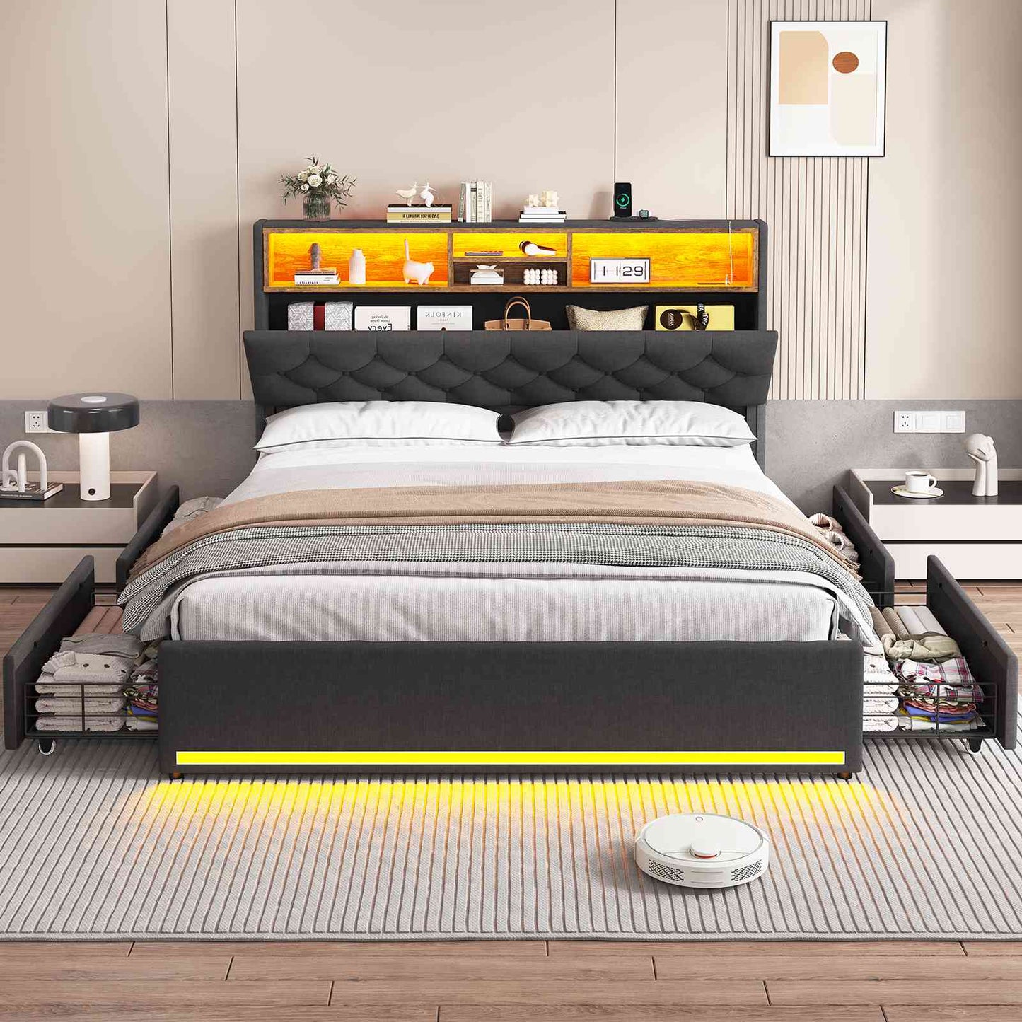 HAUOMS Queen Size Bed Frame with 4 Drawers and Hidden Storage Headboard Upholstered Platform Bed Frme with LED Lights and Charging Station