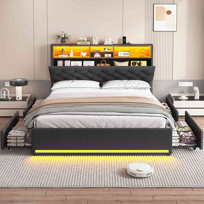 HAUOMS Queen Size Bed Frame with 4 Drawers and Hidden Storage Headboard Upholstered Platform Bed Frme with LED Lights and Charging Station