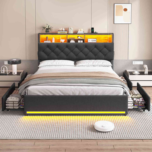 HAUOMS Queen Size Bed Frame with 4 Drawers and Hidden Storage Headboard Upholstered Platform Bed Frme with LED Lights and Charging Station