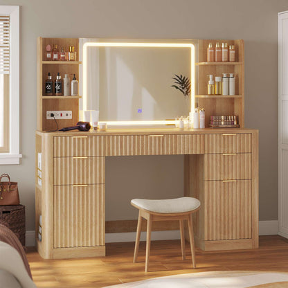 HAUOMS 51.2 Inch Makeup Vanity Desk with Mirror and Lights 5 Drawer Fluted Vanity with Power Strip 6 Shelves and 2 Cabinet