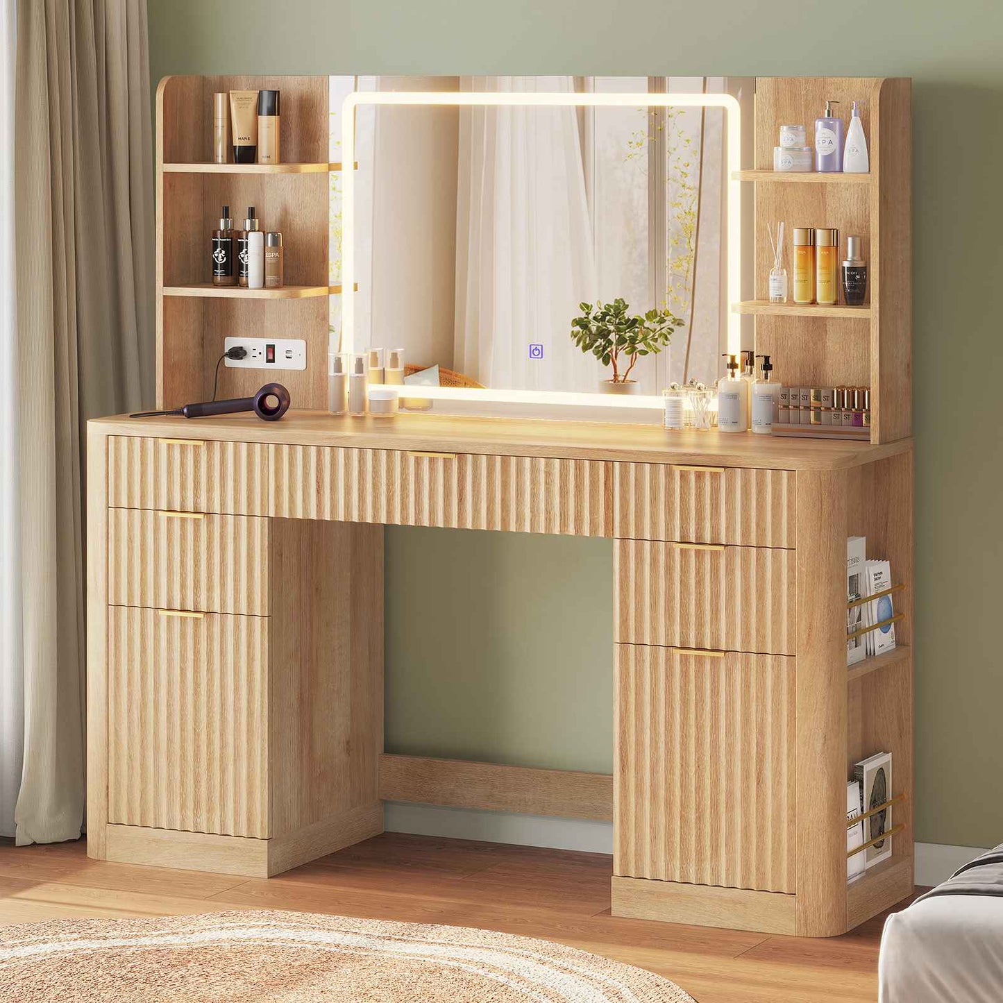 HAUOMS 51.2 Inch Makeup Vanity Desk with Mirror and Lights 5 Drawer Fluted Vanity with Power Strip 6 Shelves and 2 Cabinet