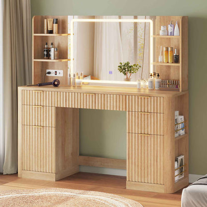 HAUOMS 51.2 Inch Makeup Vanity Desk with Mirror and Lights 5 Drawer Fluted Vanity with Power Strip 6 Shelves and 2 Cabinet