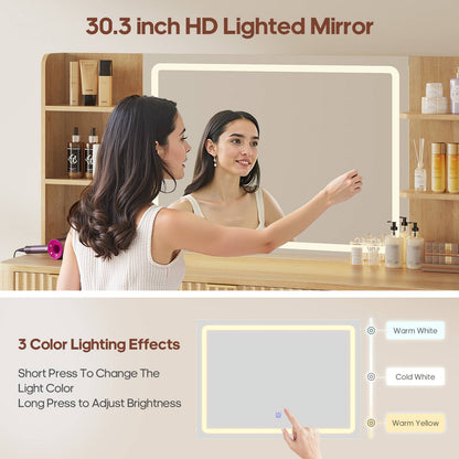 HAUOMS 51.2 Inch Makeup Vanity Desk with Mirror and Lights 5 Drawer Fluted Vanity with Power Strip 6 Shelves and 2 Cabinet
