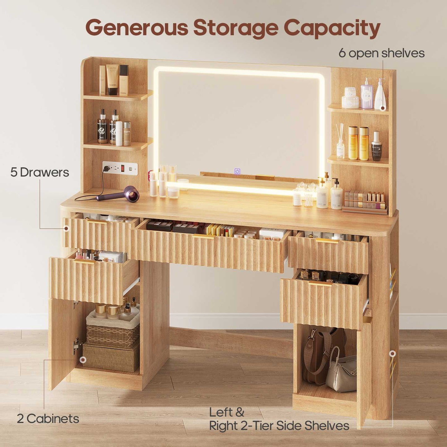 HAUOMS 51.2 Inch Makeup Vanity Desk with Mirror and Lights 5 Drawer Fluted Vanity with Power Strip 6 Shelves and 2 Cabinet