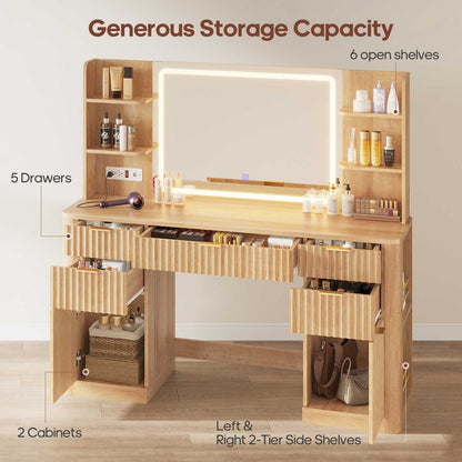 HAUOMS 51.2 Inch Makeup Vanity Desk with Mirror and Lights 5 Drawer Fluted Vanity with Power Strip 6 Shelves and 2 Cabinet