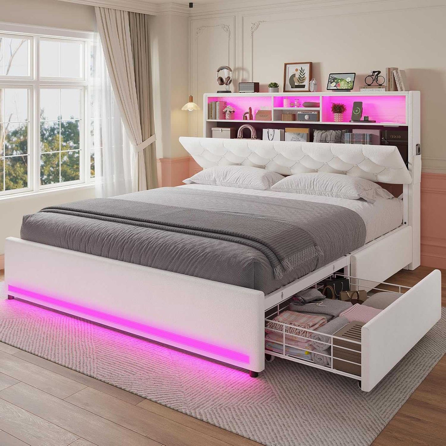 HAUOMS Queen Size Bed Frame with 4 Drawers and Hidden Storage Headboard Upholstered Platform Bed Frme with LED Lights and Charging Station