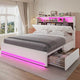 HAUOMS Queen Size Bed Frame with 4 Drawers and Hidden Storage Headboard Upholstered Platform Bed Frme with LED Lights and Charging Station