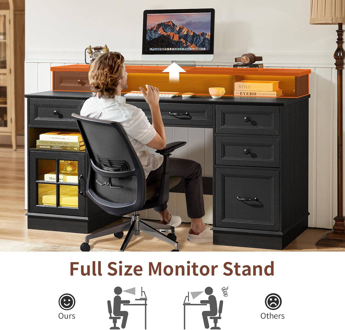HAUOMS Desk with Drawers and Storage Cabinet Executive Computer Desk with Power Outlet Led Lights and Monitor Shelf for Home Office