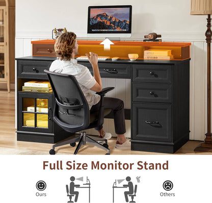 HAUOMS Desk with Drawers and Storage Cabinet Executive Computer Desk with Power Outlet Led Lights and Monitor Shelf for Home Office