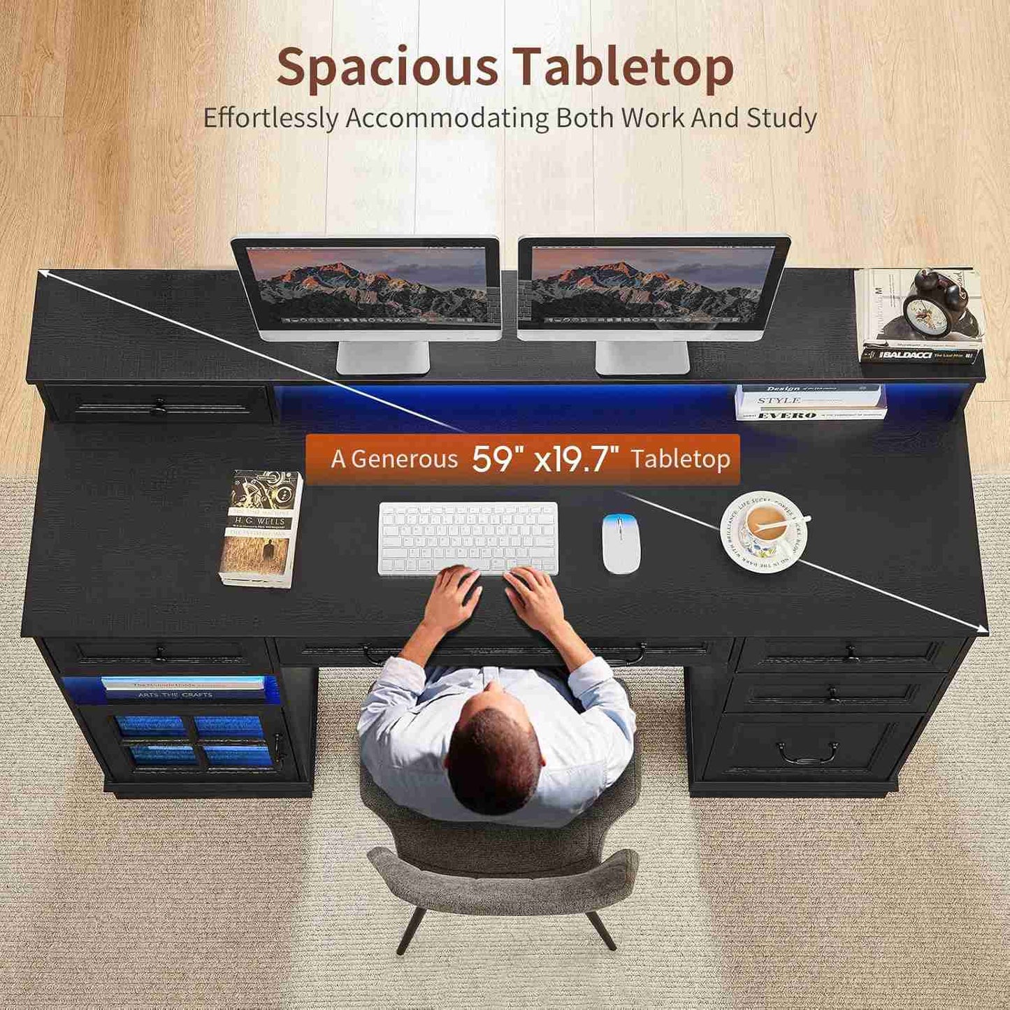 HAUOMS Desk with Drawers and Storage Cabinet Executive Computer Desk with Power Outlet Led Lights and Monitor Shelf for Home Office