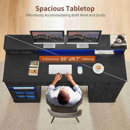 HAUOMS Desk with Drawers and Storage Cabinet Executive Computer Desk with Power Outlet Led Lights and Monitor Shelf for Home Office