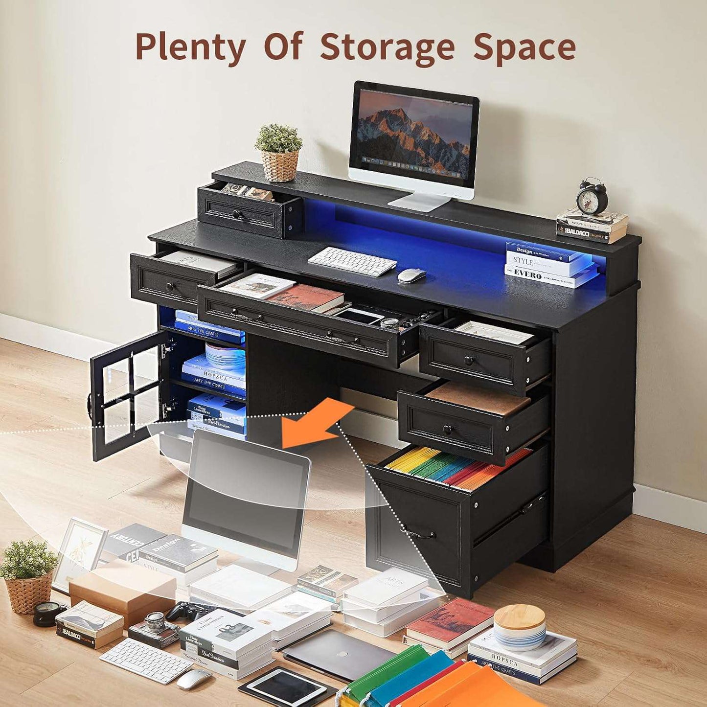 HAUOMS Desk with Drawers and Storage Cabinet Executive Computer Desk with Power Outlet Led Lights and Monitor Shelf for Home Office