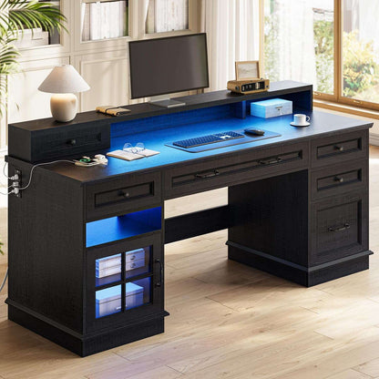 HAUOMS Desk with Drawers and Storage Cabinet Executive Computer Desk with Power Outlet Led Lights and Monitor Shelf for Home Office
