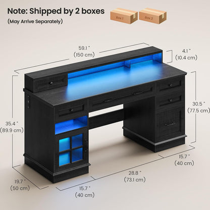 HAUOMS Desk with Drawers and Storage Cabinet Executive Computer Desk with Power Outlet Led Lights and Monitor Shelf for Home Office
