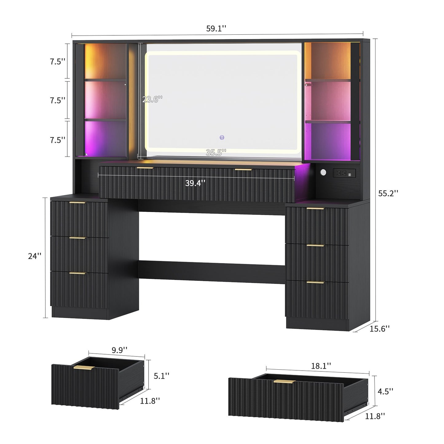 HAUOMS 59.1 Inch Vanity with Mirror and Sound Sync LED Lights Large Fluted Vanity Table with 8 Drawers Charging Station