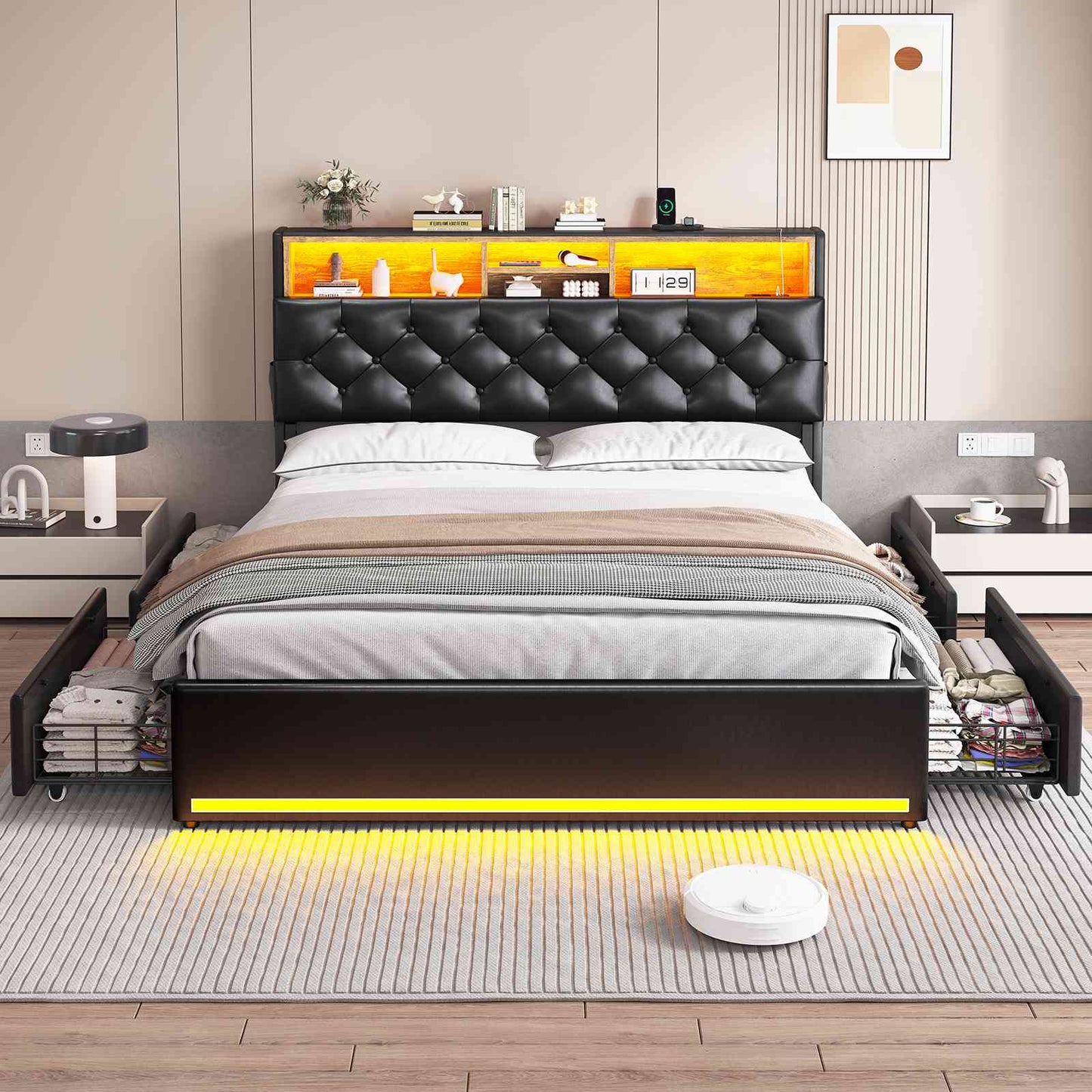 HAUOMS Full Size Bed Frame with 4 Drawers and Hidden Storage Headboard Upholstered Platform Bed with LED Lights and Charging Station