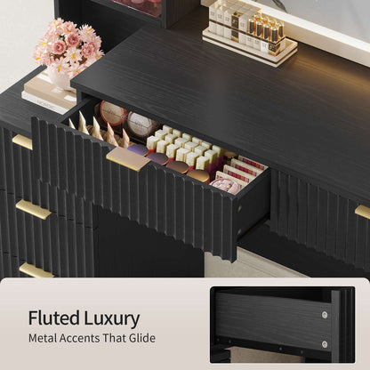 HAUOMS 59.1 Inch Vanity with Mirror and Sound Sync LED Lights Large Fluted Vanity Table with 8 Drawers Charging Station