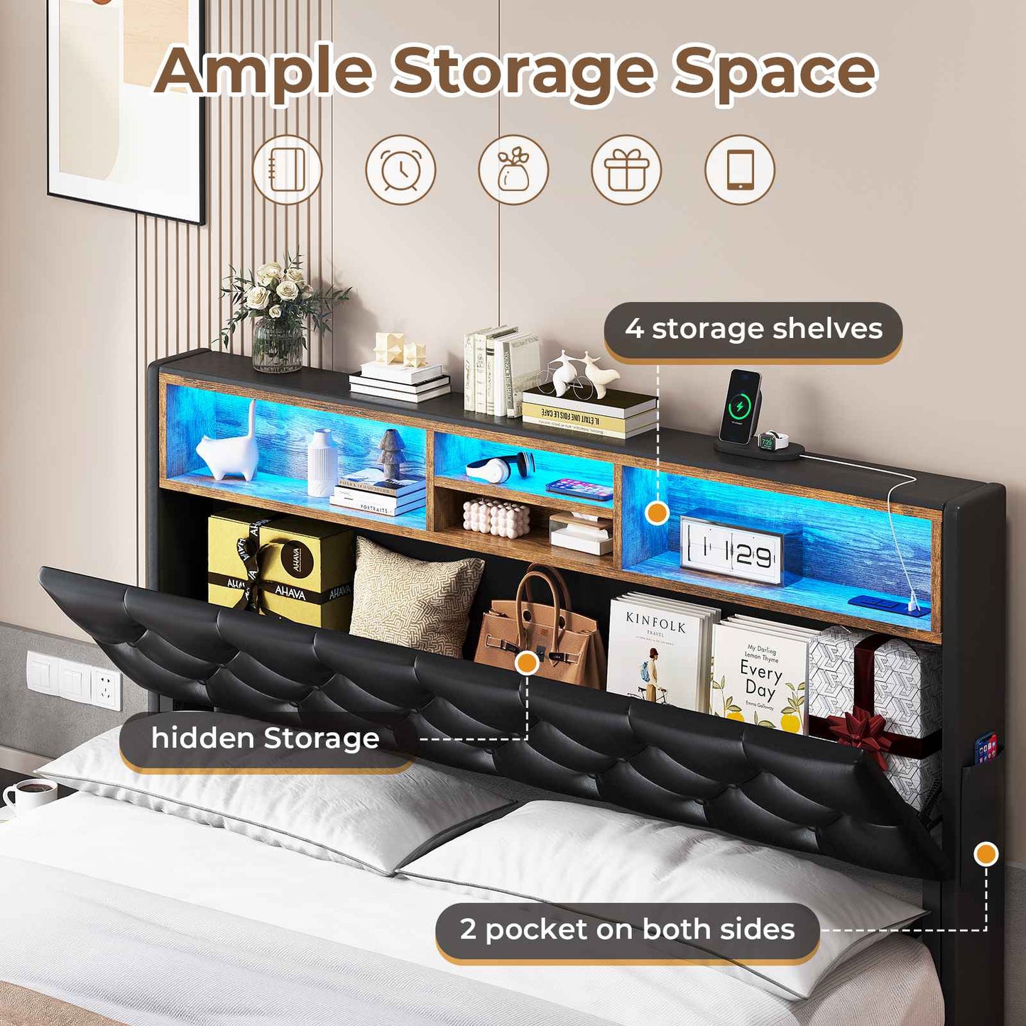 HAUOMS Queen Size Bed Frame with 4 Drawers and Hidden Storage Headboard Upholstered Platform Bed Frme with LED Lights and Charging Station