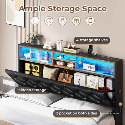 HAUOMS Queen Size Bed Frame with 4 Drawers and Hidden Storage Headboard Upholstered Platform Bed Frme with LED Lights and Charging Station