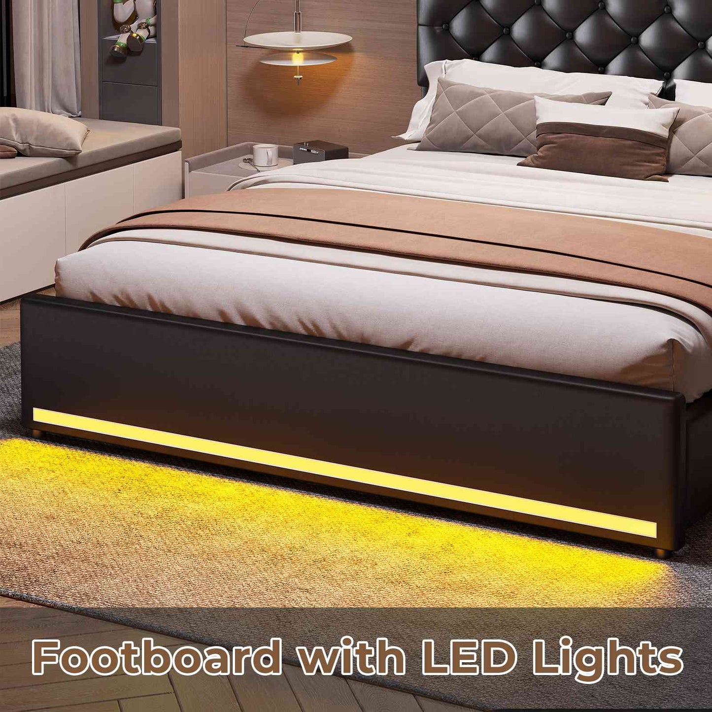 HAUOMS Full Size Bed Frame with 4 Drawers and Hidden Storage Headboard Upholstered Platform Bed with LED Lights and Charging Station