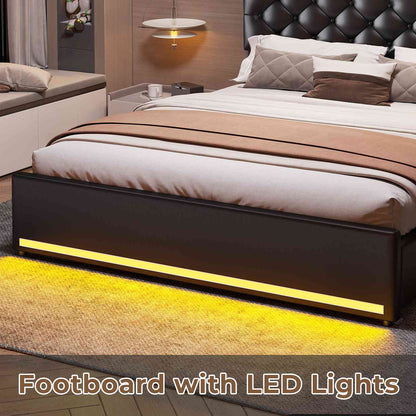 HAUOMS Full Size Bed Frame with 4 Drawers and Hidden Storage Headboard Upholstered Platform Bed with LED Lights and Charging Station