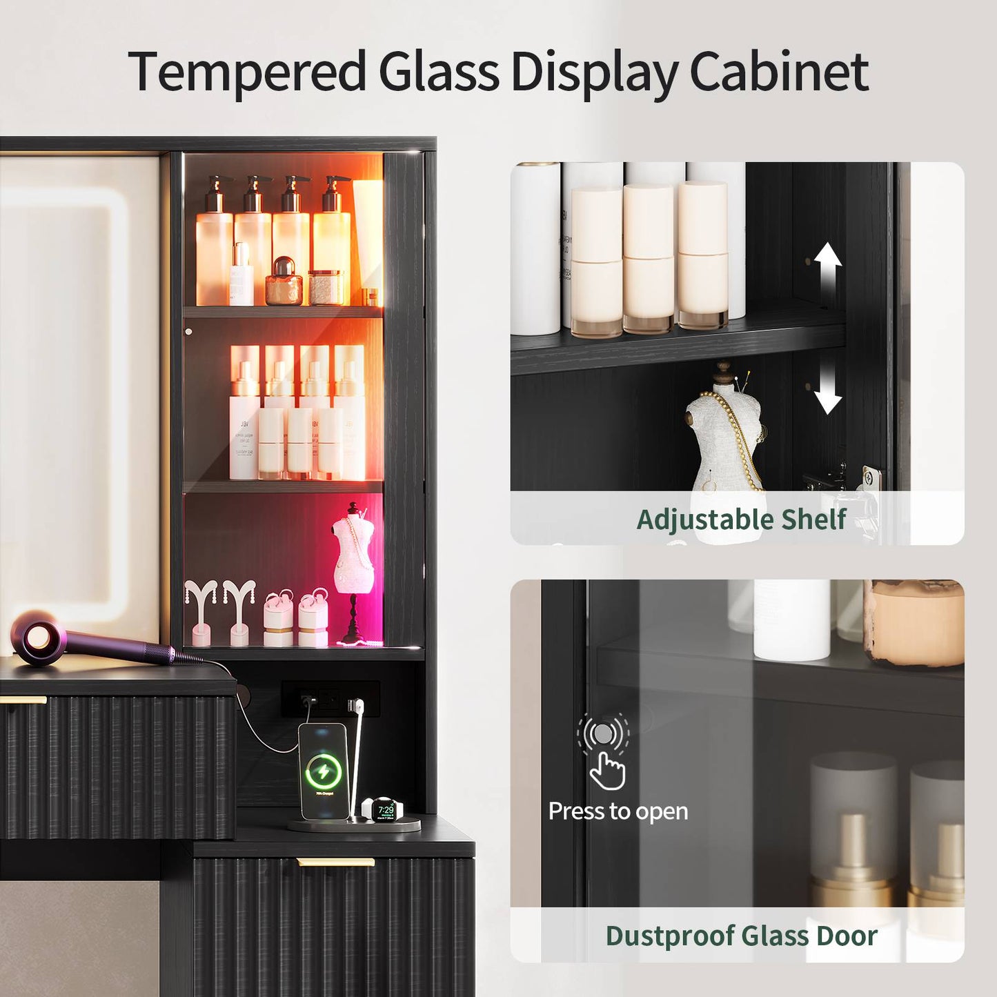 HAUOMS 59.1 Inch Vanity with Mirror and Sound Sync LED Lights Large Fluted Vanity Table with 8 Drawers Charging Station