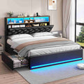 HAUOMS Full Size Bed Frame with 4 Drawers and Hidden Storage Headboard Upholstered Platform Bed with LED Lights and Charging Station