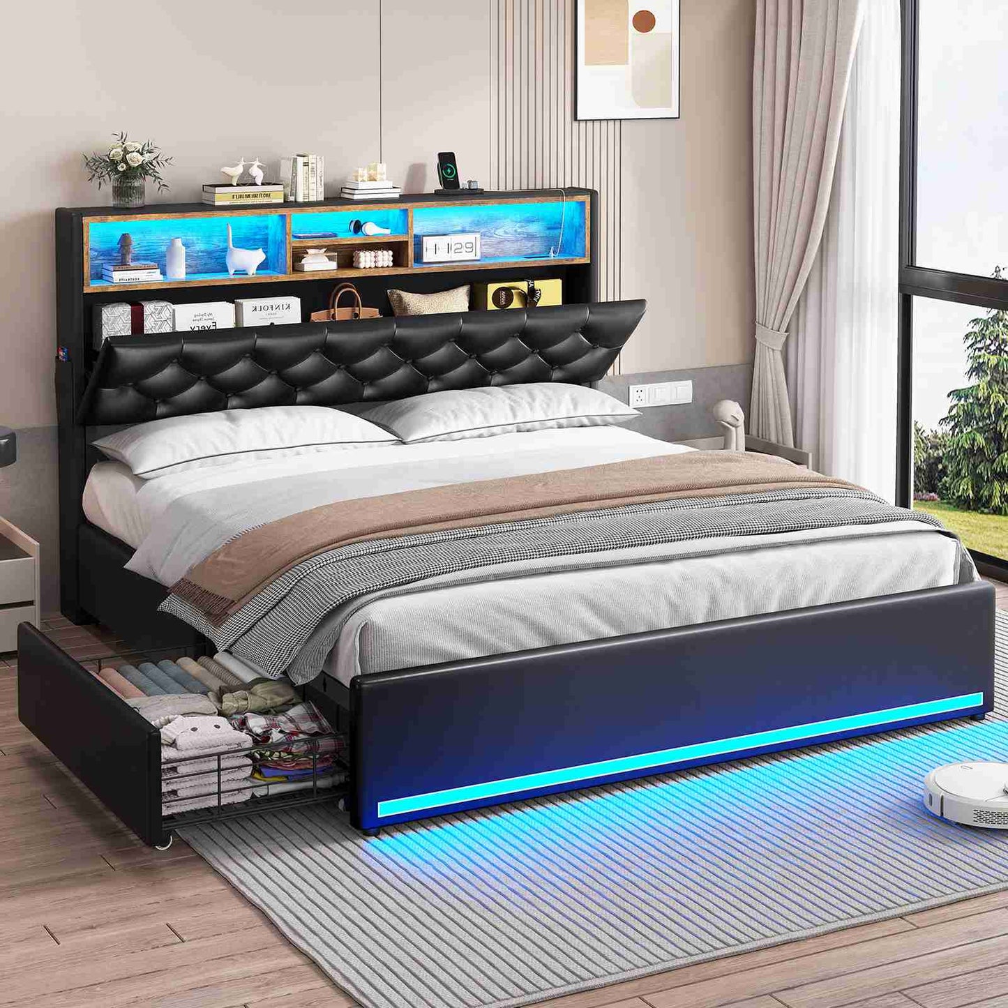 HAUOMS Full Size Bed Frame with 4 Drawers and Hidden Storage Headboard Upholstered Platform Bed with LED Lights and Charging Station