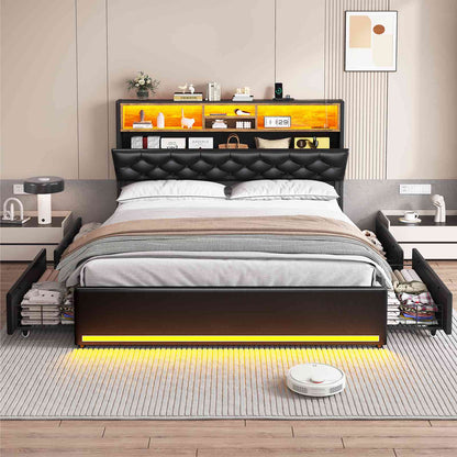 HAUOMS Queen Size Bed Frame with 4 Drawers and Hidden Storage Headboard Upholstered Platform Bed Frme with LED Lights and Charging Station