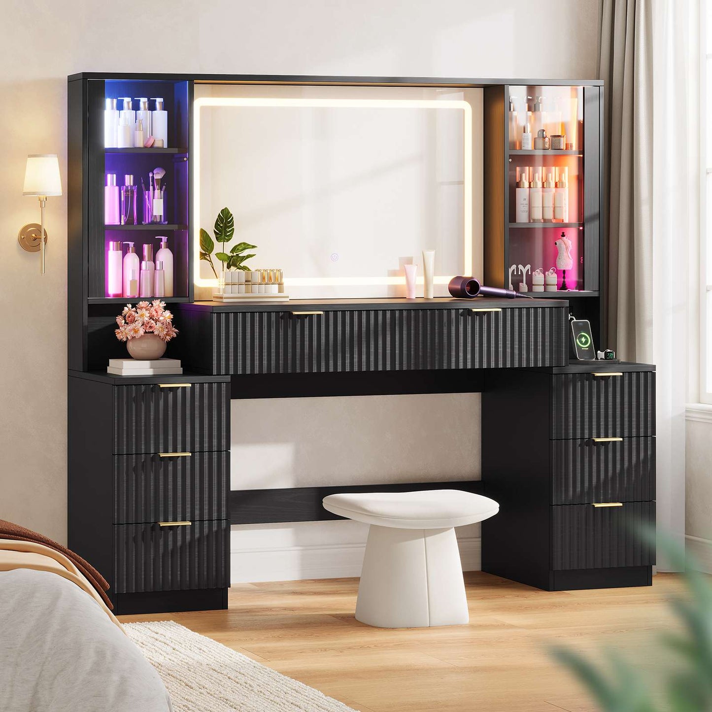 HAUOMS 59.1 Inch Vanity with Mirror and Sound Sync LED Lights Large Fluted Vanity Table with 8 Drawers Charging Station