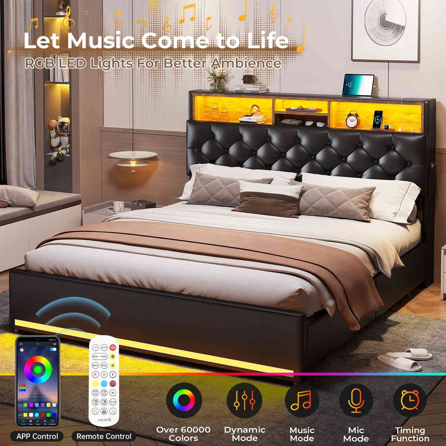 HAUOMS Full Size Bed Frame with 4 Drawers and Hidden Storage Headboard Upholstered Platform Bed with LED Lights and Charging Station