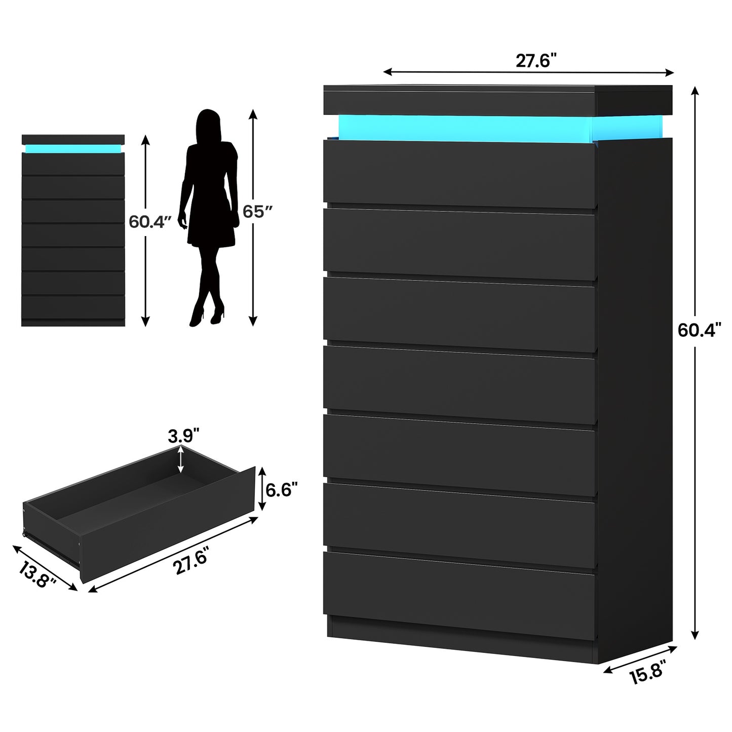 HAUOMS 60.4 Inch Tall Dresser with 7 Drawers and LED Lights Modern Chest of Drawers for Living Room Bedroom