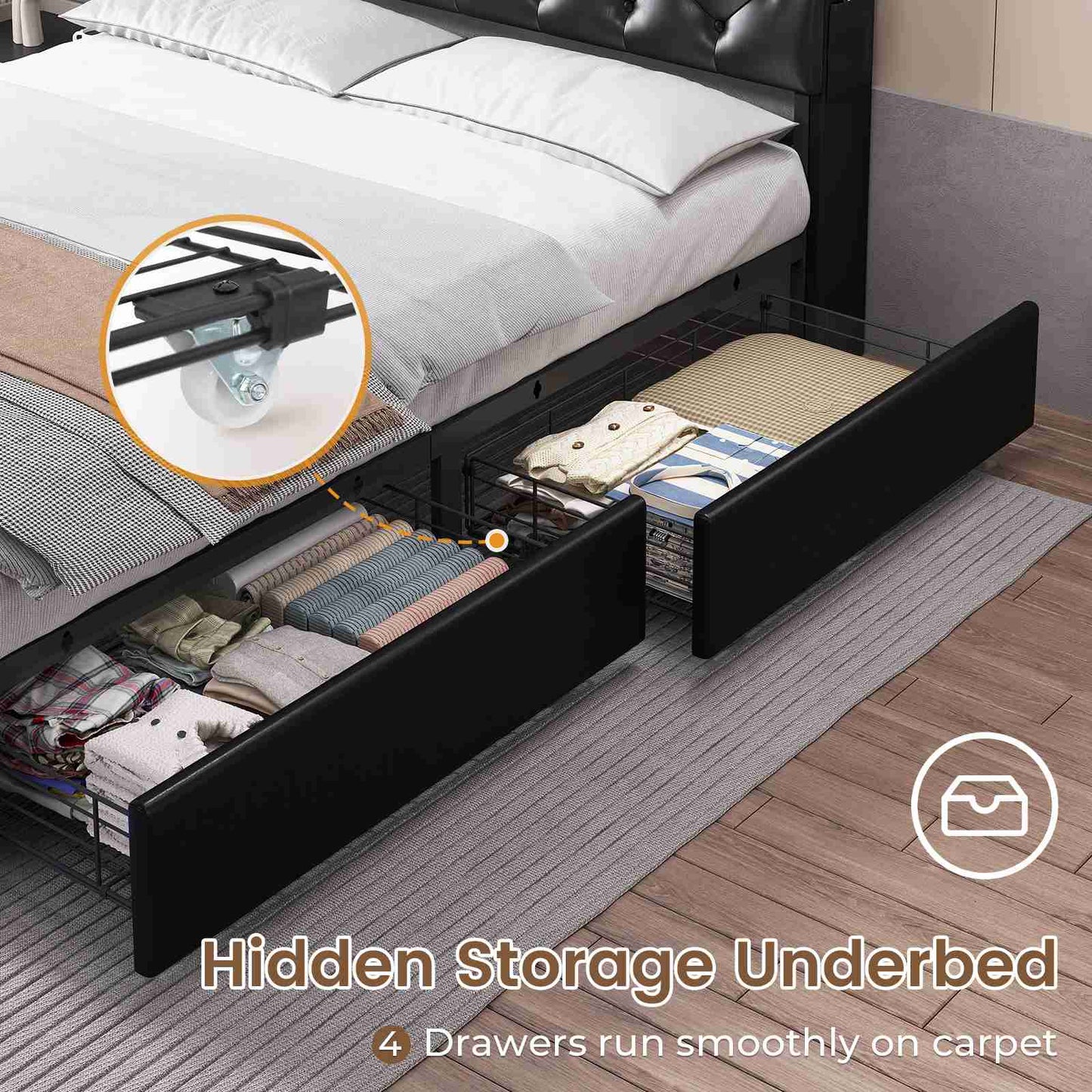HAUOMS Queen Size Bed Frame with 4 Drawers and Hidden Storage Headboard Upholstered Platform Bed Frme with LED Lights and Charging Station