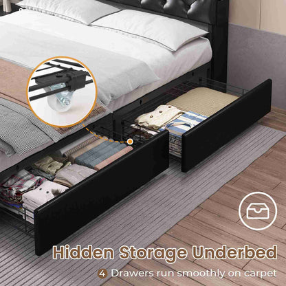 HAUOMS Queen Size Bed Frame with 4 Drawers and Hidden Storage Headboard Upholstered Platform Bed Frme with LED Lights and Charging Station
