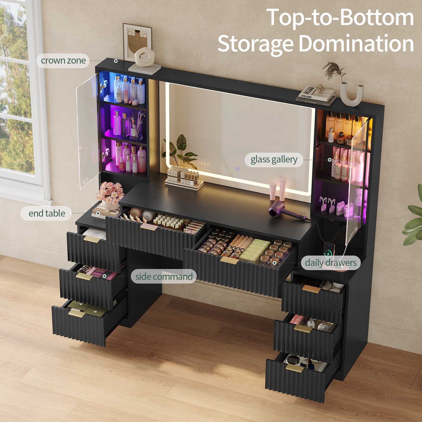 HAUOMS 59.1 Inch Vanity with Mirror and Sound Sync LED Lights Large Fluted Vanity Table with 8 Drawers Charging Station