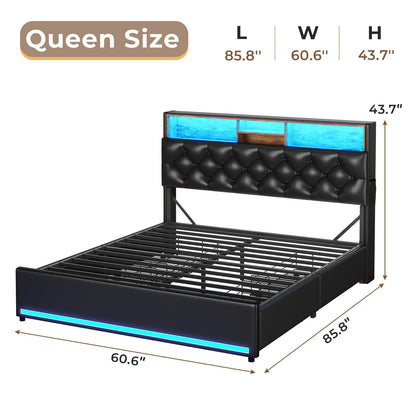 HAUOMS Queen Size Bed Frame with 4 Drawers and Hidden Storage Headboard Upholstered Platform Bed Frme with LED Lights and Charging Station
