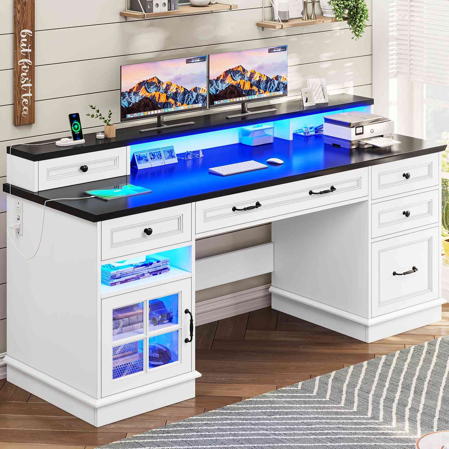 HAUOMS Desk with Drawers and Storage Cabinet Executive Computer Desk with Power Outlet Led Lights and Monitor Shelf for Home Office