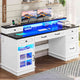 HAUOMS Desk with Drawers and Storage Cabinet Executive Computer Desk with Power Outlet Led Lights and Monitor Shelf for Home Office